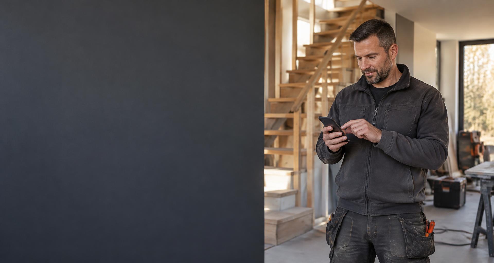 Artisan consultant son téléphone sur un chantier de rénovation